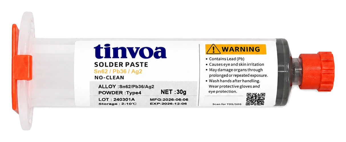 tinvoa Sn62/Pb36/Ag2 leaded solder paste — 30 g syringe